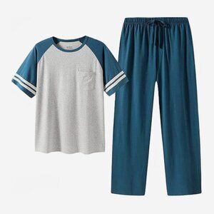 Men's Lightweight Cotton Spandex Stretchy Long PJ Set Blue Gray Large